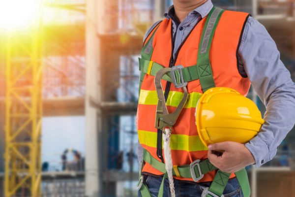 engineer wear fall arrest equipment on site background engineer wear fall arrest equipment on site background