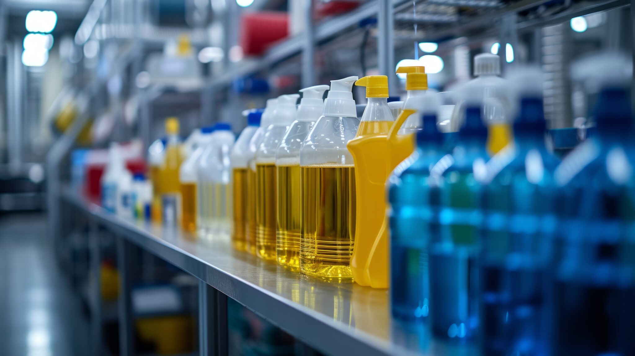 Industrial cleaning supplies in a warehouse showcasing various colorful detergent bottles.