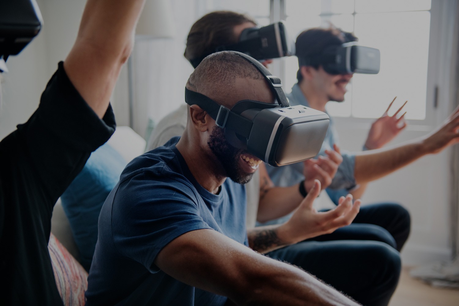 Group of divese friends experiencing virtual reality with VR headset