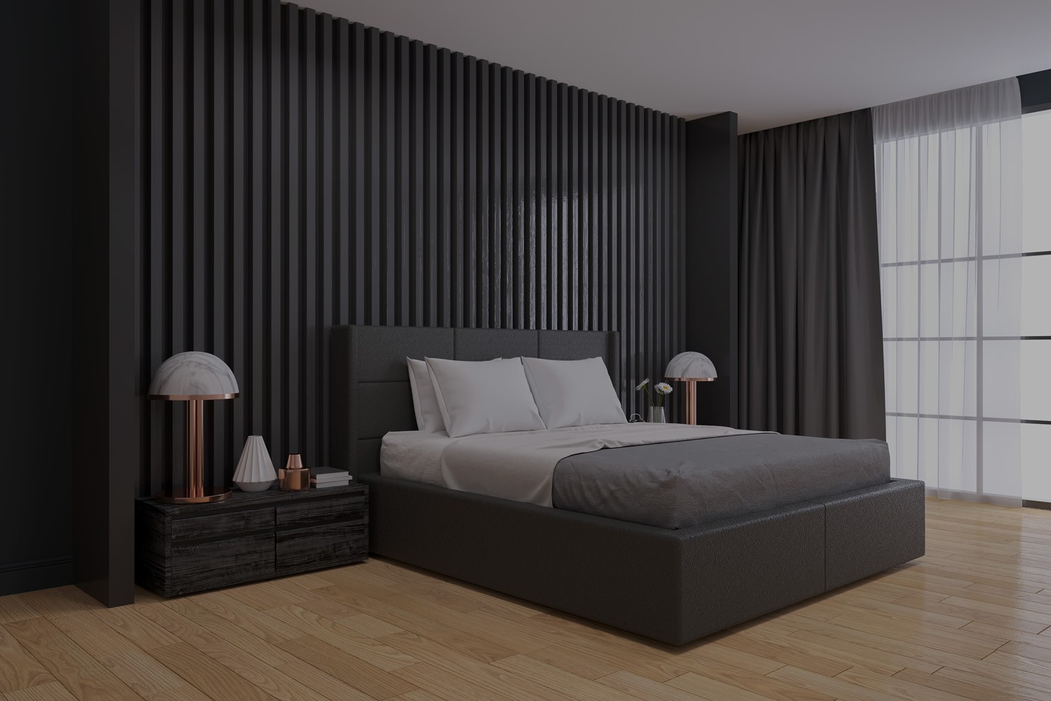 black wall ,Modern Bedroom interior Design,3d render
