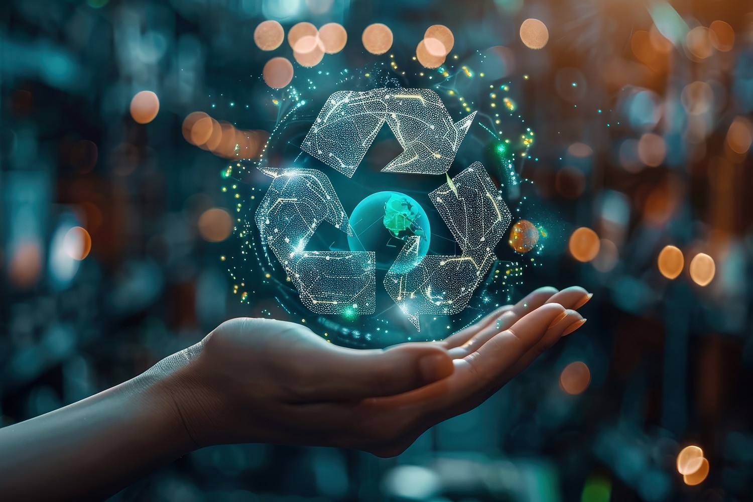 Hand Holding Holographic Recycling Symbol with Earth Globe