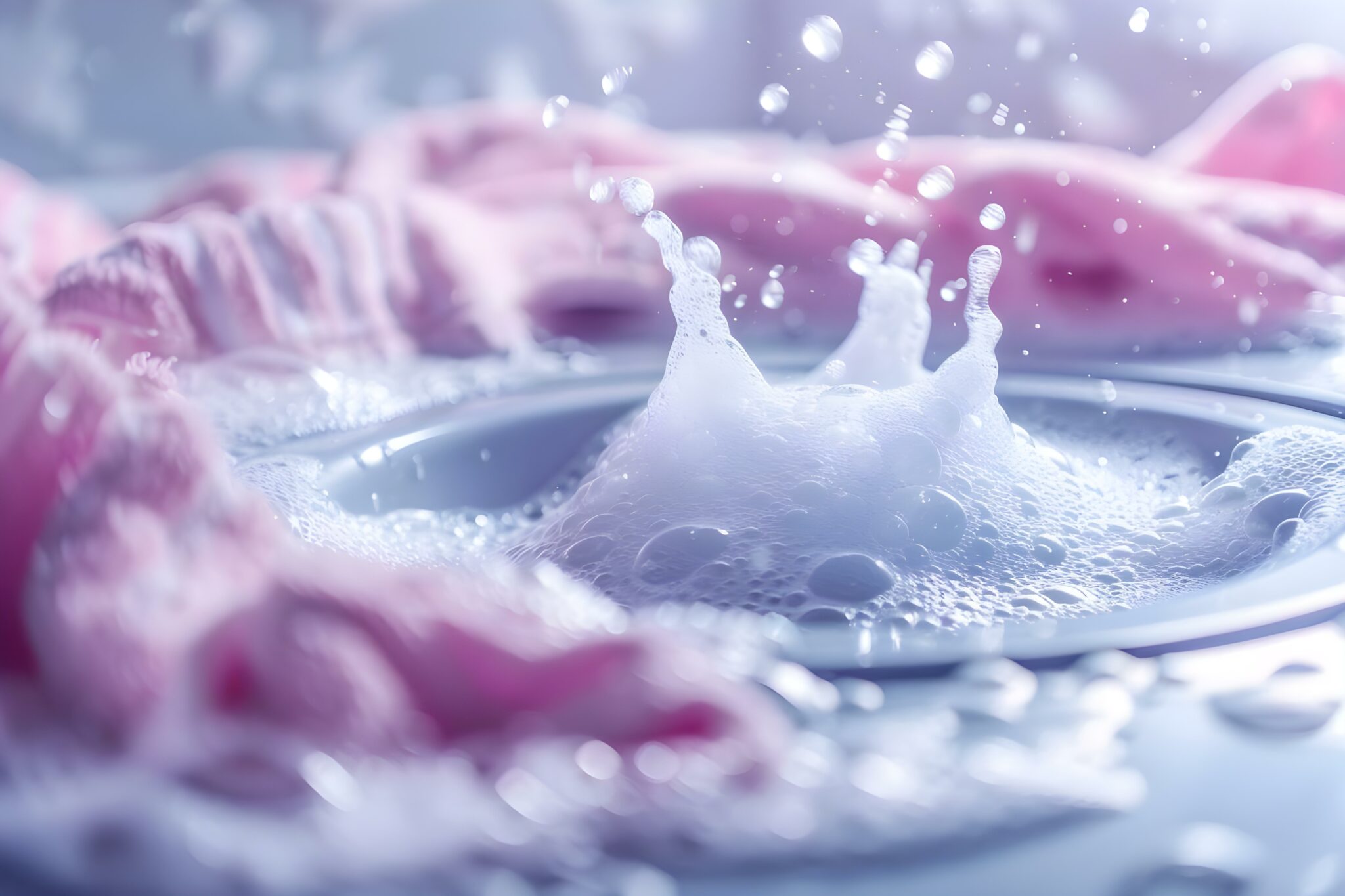Washing clothes in machine with detergent creating bubbles and wet splashes. Concept Laundry Day, Soapy Suds, Washing Machine, Household Chores