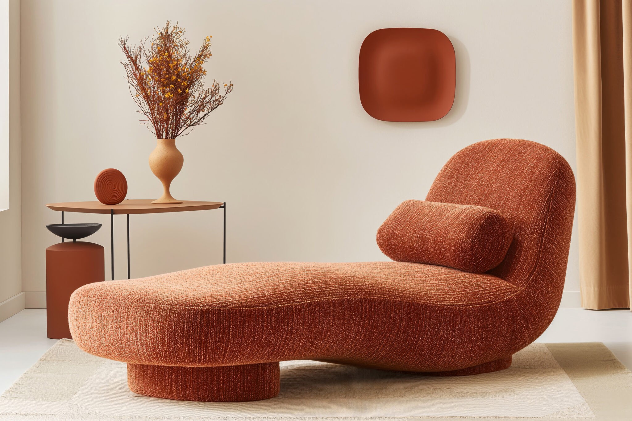 Contemporary orange chaise lounge adds a touch of elegance and comfort to a minimalist room setting