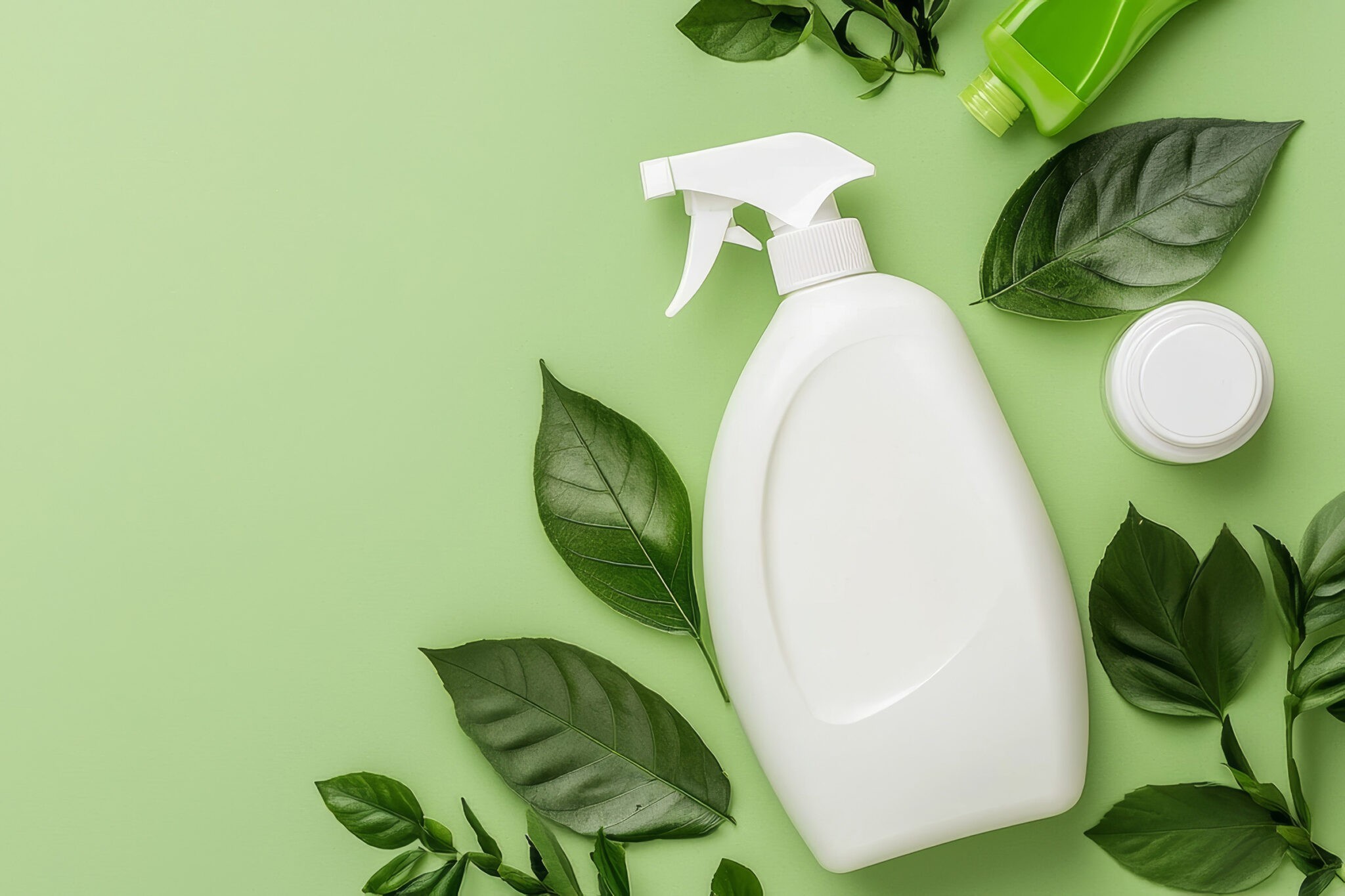Eco friendly cleaning products with green leaves on green background
