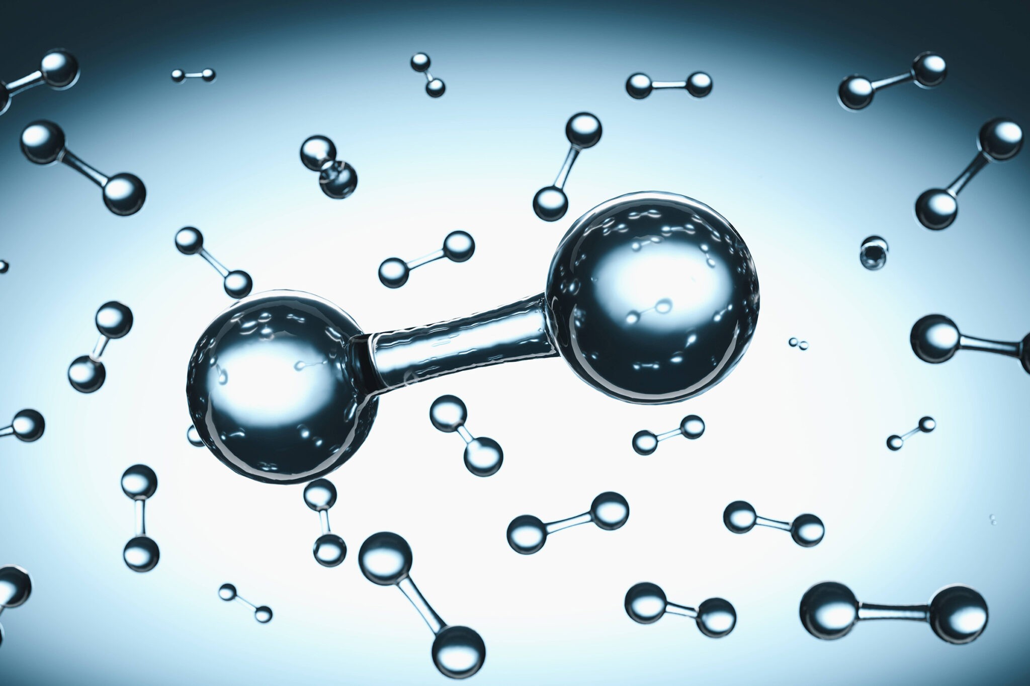 hydrogen H2 molecule floating in liquid