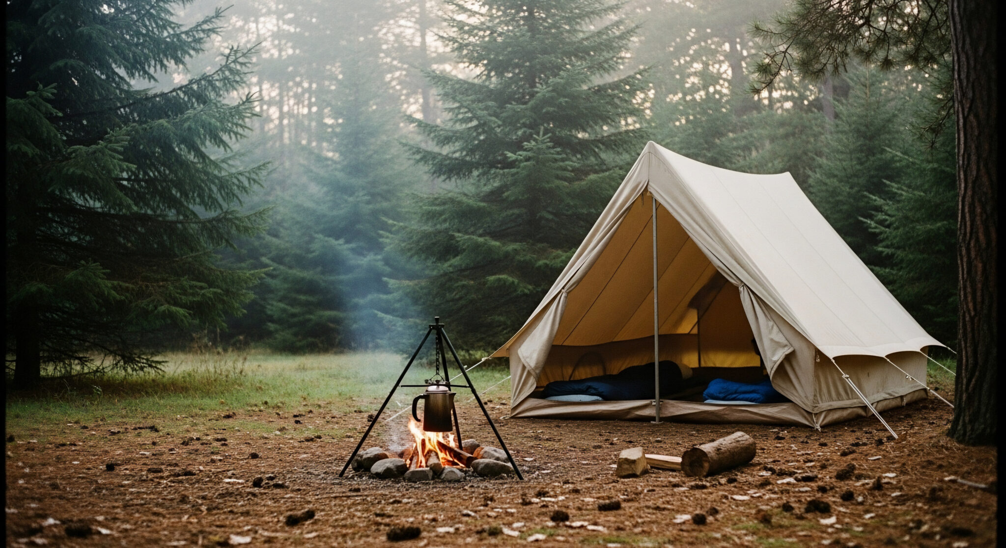 Cozy Camp in Nature's Embrace: An inviting tent and a crackling campfire, nestled in a serene forest setting, embodying the spirit of outdoor adventure and tranquility.